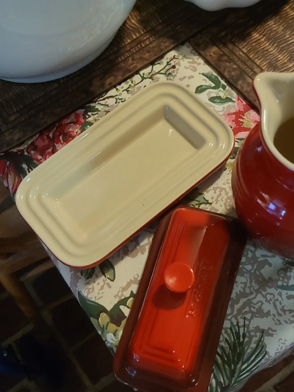 Red Ceramic Pitcher and Butter Dish - LeCreuset Both Are Le Creuset